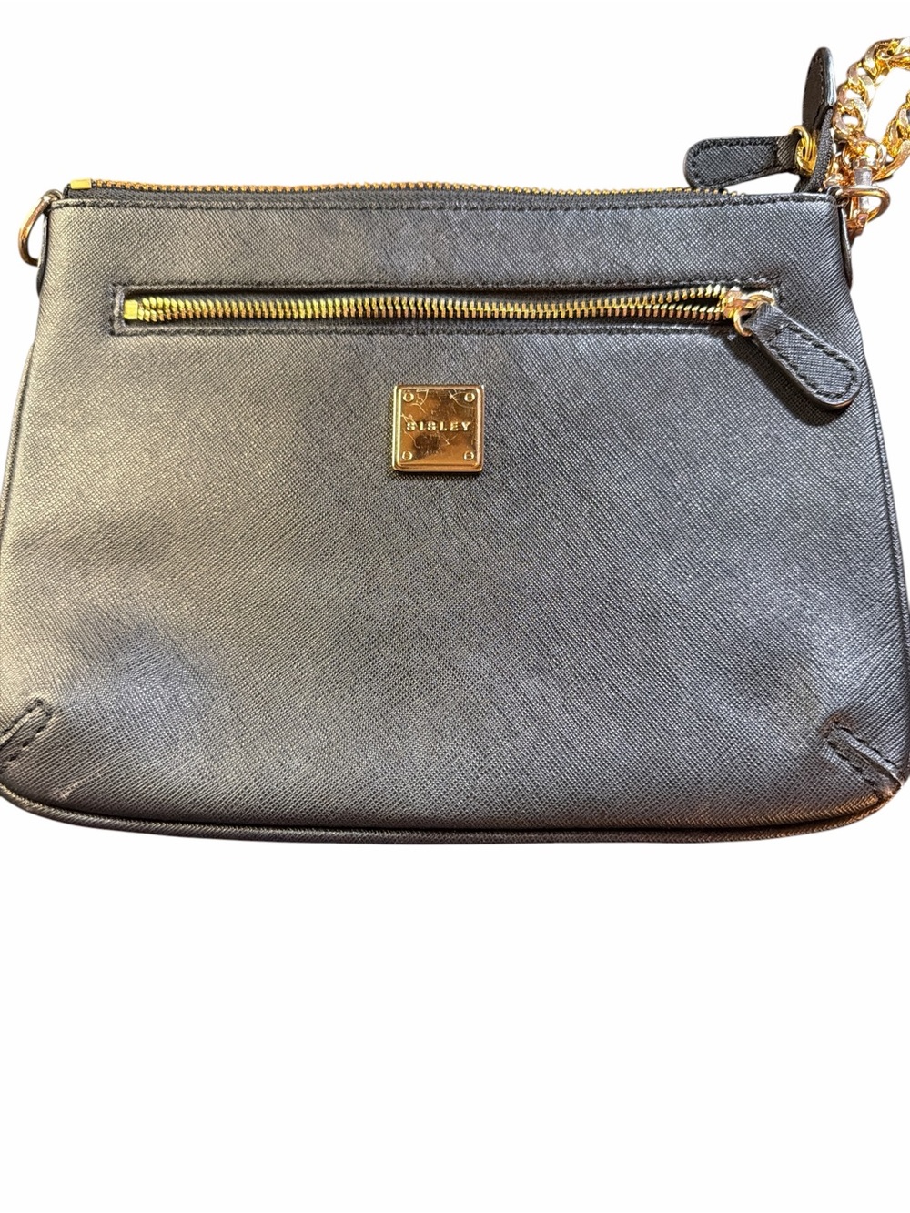 Sisley Italy Black Saffiano Leather Crossbody Bag Gold Hardware